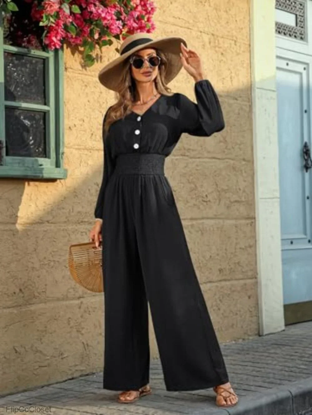 Women's Long Sleeve Wide Leg Jumpsuit Dressy Casual
